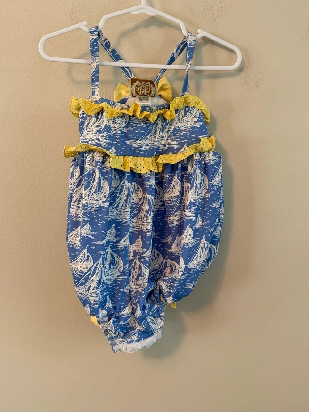 The Beaufort Bonnet Company Blue & Yellow Sailboat Bubble Swimsuit